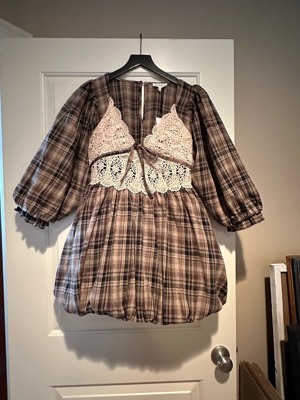 Promesa Brown Plaid Mini Dress with Cream Lace Bodice - Picture 2 of 5